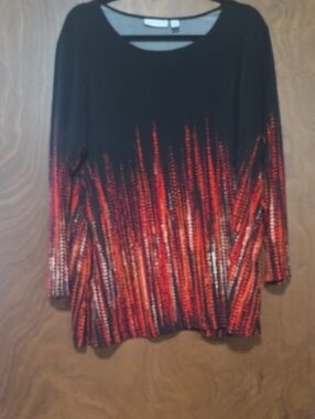 Susan Graver Black Long-Sleeve Top with Red-Orange Ombre